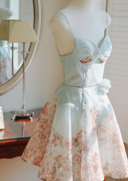 Summer Blue A Line Straps Print Floral Satin Cocktail Dress Homecoming Dress SH6165