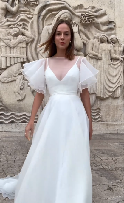 Stunning Ball Gown White Ruffle Organza Long Sweep Wedding Dress SH4709