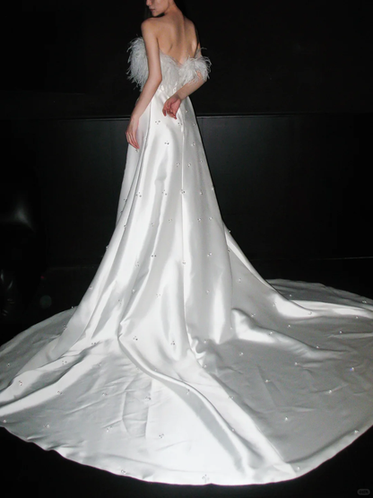 Sweety A Line Strapless White Feather Beaded Satin Long Wedding Dress SH5974
