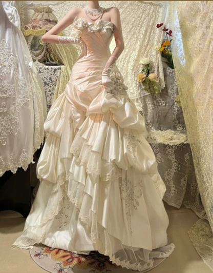 Vintage Ivory A Line Strapless 3D Floral Layered Satin Wedding Dress Prom Dress SH5881
