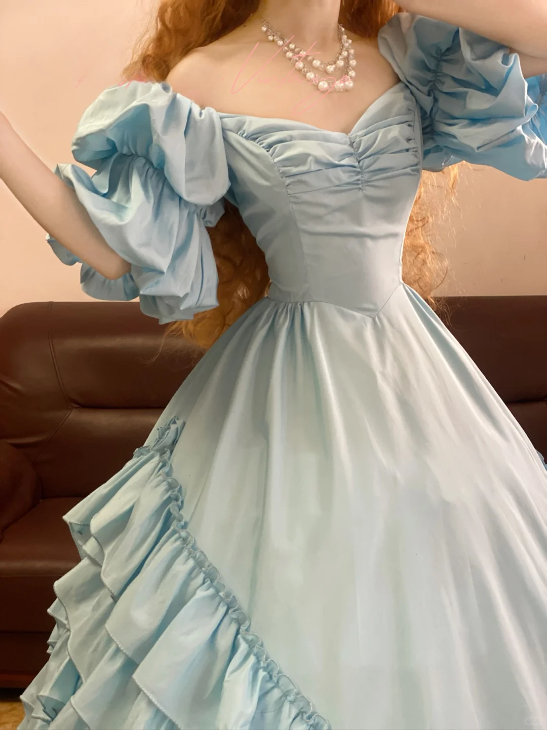 Vintage Blue Puff Ball Gown Layered Satin Prom Dress 16th Birthday Dress SH4957