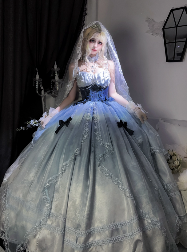 Stunning Blue Bow A Line Lace Tulle Lolita Goth Boning Dress Prom Dress SH4911