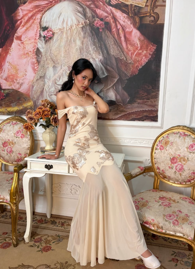 Vintage Apricot Mermaid Off the Shoulder Sequin Chiffon Long Prom Dress SH5392