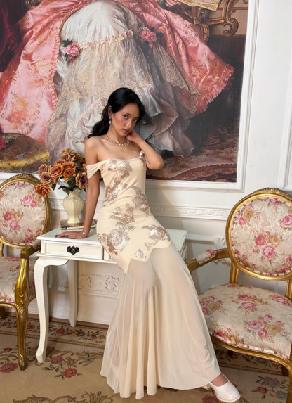 Vintage Apricot Mermaid Off the Shoulder Sequin Chiffon Long Prom Dress SH5392
