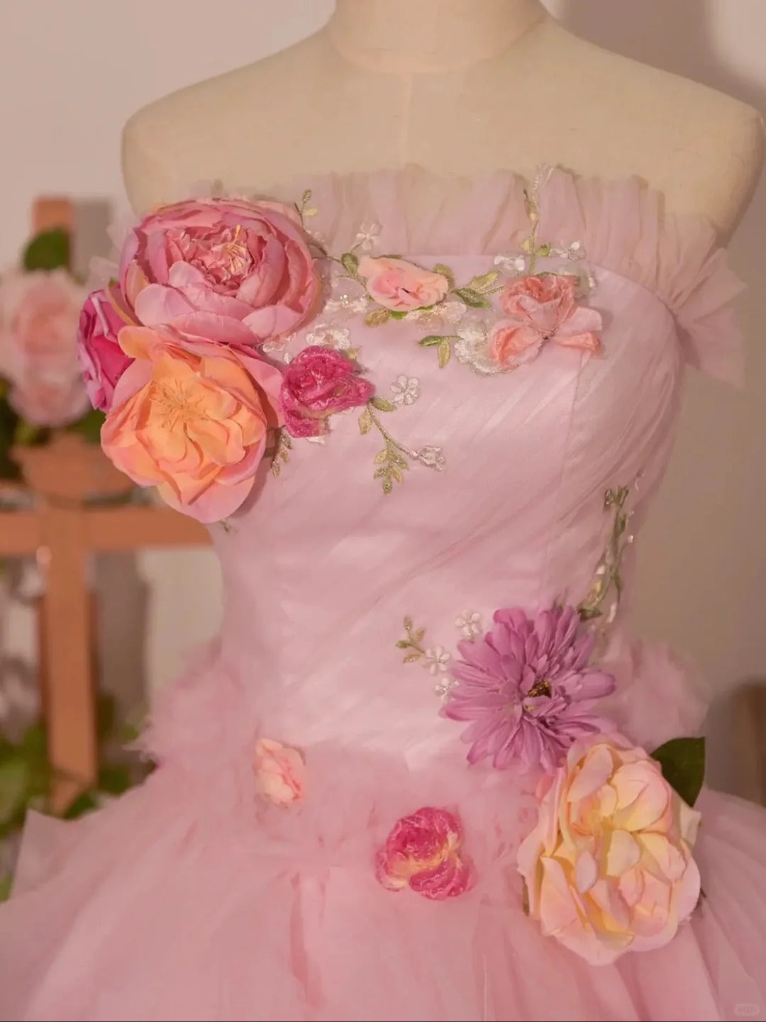 Stunning Homecoming Dress Strapless Flower Tulle Dress Back to School Outfits Party Dress  D6403