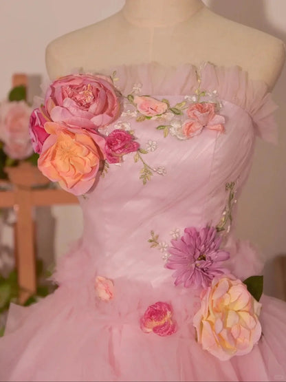 Stunning Homecoming Dress Strapless Flower Tulle Dress Back to School Outfits Party Dress  D6403