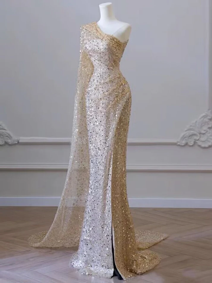 Champagne One Shoulder Sequins Mermaid Long Formal Party Dress MD7386