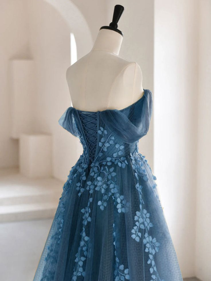 Blue Off Shoulder A-Line Tulle Appliques Long Formal Party Dress MD7249