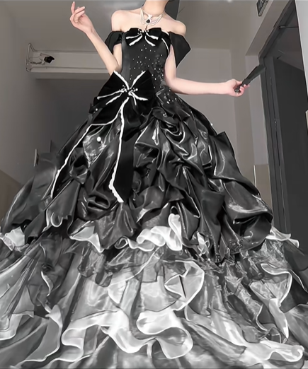 Stunning Ball Gown Off the Shoulder Appliuqes Bow Black Ombre Organza Satin Graduation Ball Gown 18th Birthday Dress SH4985