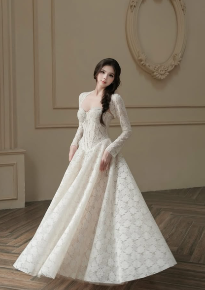 Sweety A Line Spaghetti Straps Long Sleeve White Lace Long Prom Dress SH5296