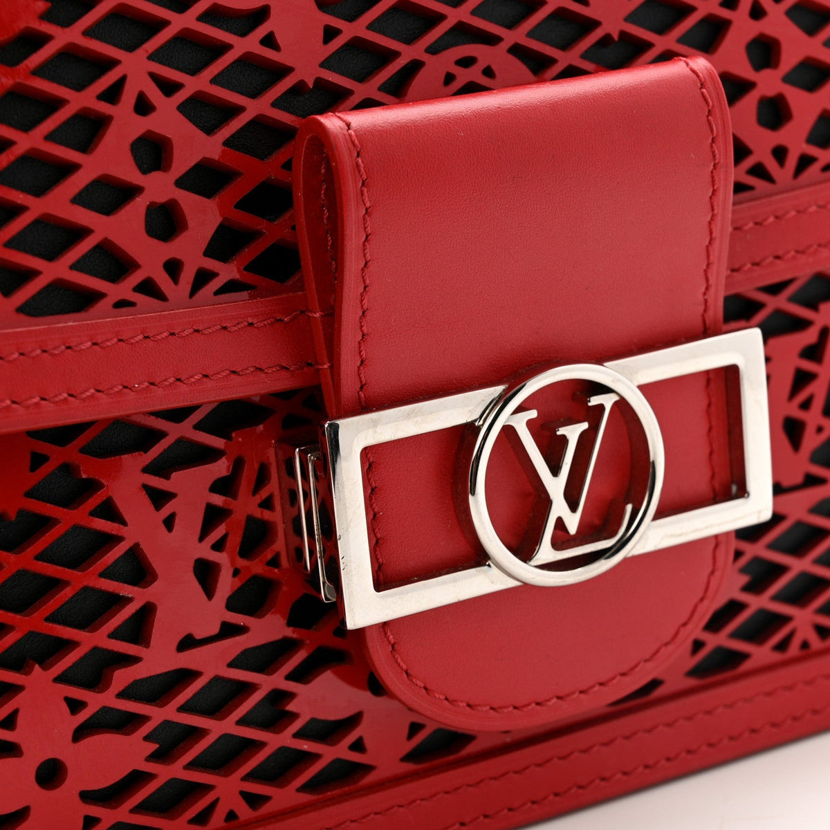 Patent Calfskin Monogram Lace Dauphine Mini Red