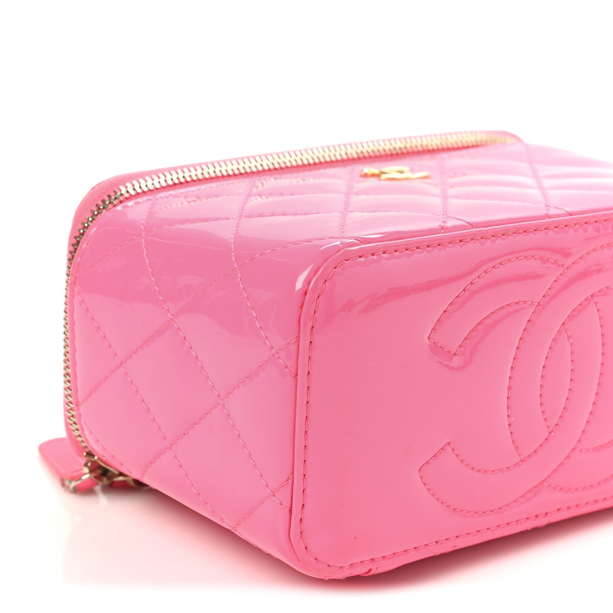 Patent Quilted Pearl Crush Small Vanity Case With Chain Neon Pink