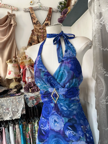 Vintage Navy Blue Floral V-neck Halter Dress Elegant A-Line Long Evening Dress Prom Dresses D1672
