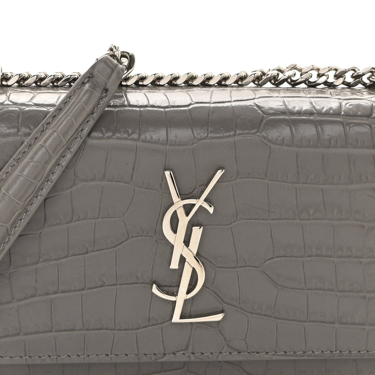 Calfskin Crocodile Embossed Monogram Sunset Chain Wallet Fog