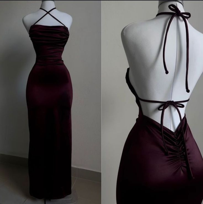 Burgundy Straps Open Back Satin Long Party Dress Birthday Outfits MD7384