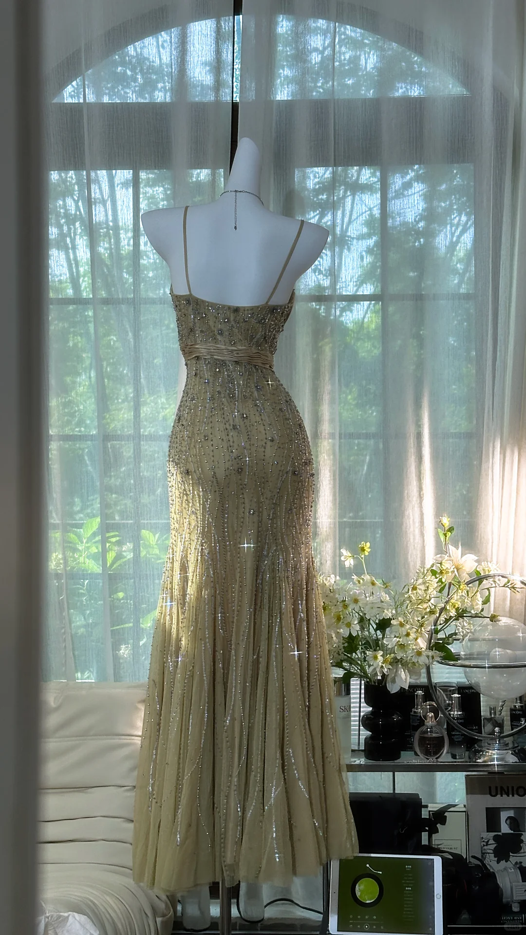 Vintage Shiny Light Green Spaghetti Strap Elegant Design A-line Beaded Romantic Chiffon Evening Dress Prom Dress D1503