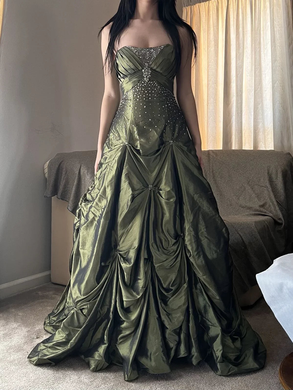 Vintage Ball Gown Strapless Beaded Green Satin Long Prom Dress Party Dress SH5538