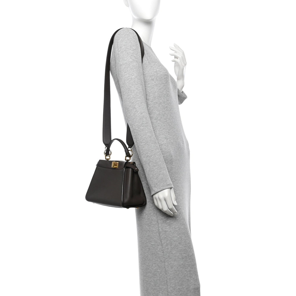 Vitello Seta Suede FF Mini Peekaboo Iconic Satchel Chocolate Sigaro Marrone
