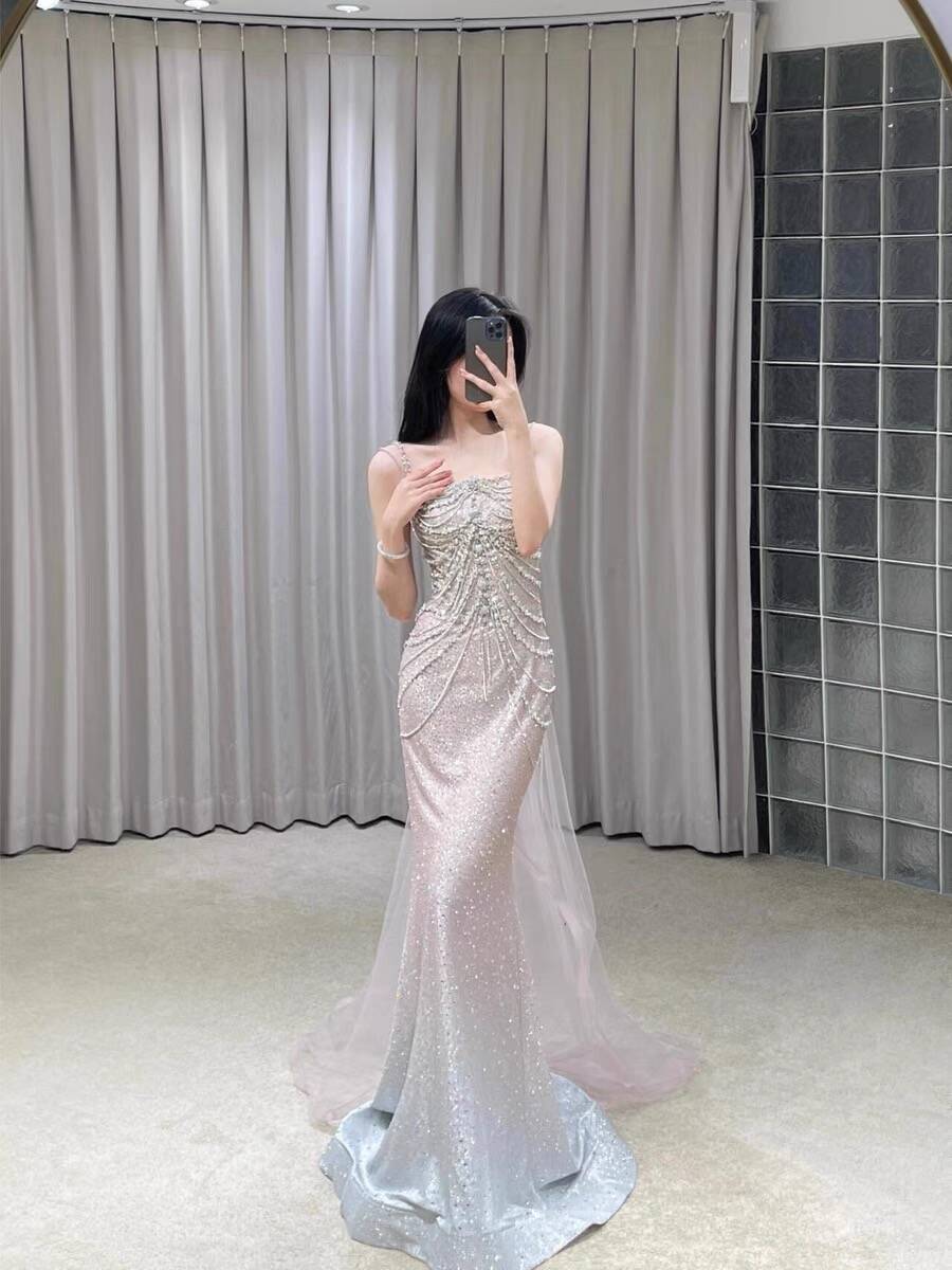 Light Pink Straps Off Shoulder Beading Mermaid Long Formal Party Dress, D282