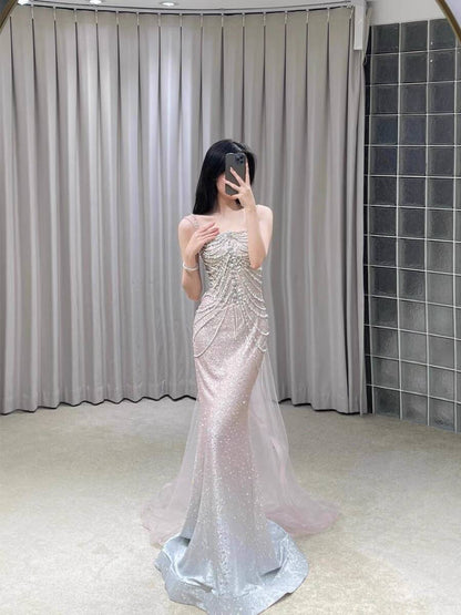 Light Pink Straps Off Shoulder Beading Mermaid Long Formal Party Dress, D282