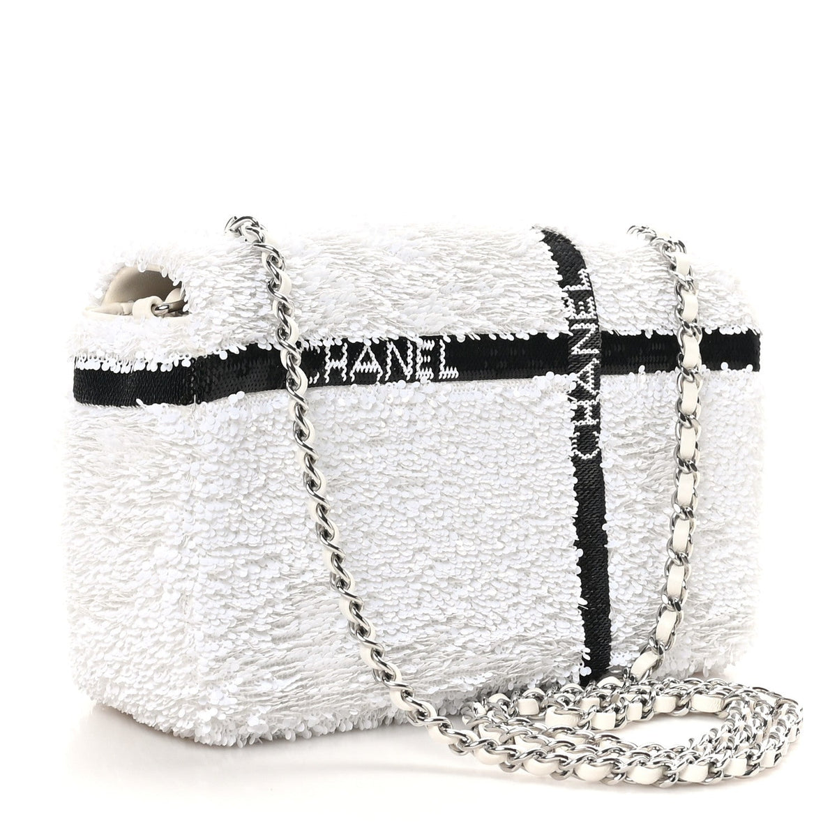 Sequin Ribbon Mini Rectangular Flap White Black