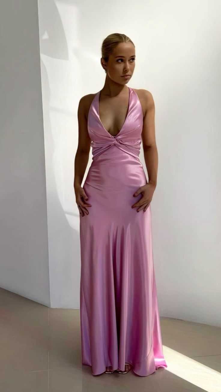 Elegant Purple V Neck Halter Sheath Satin Simple Long Prom Dress MD7638