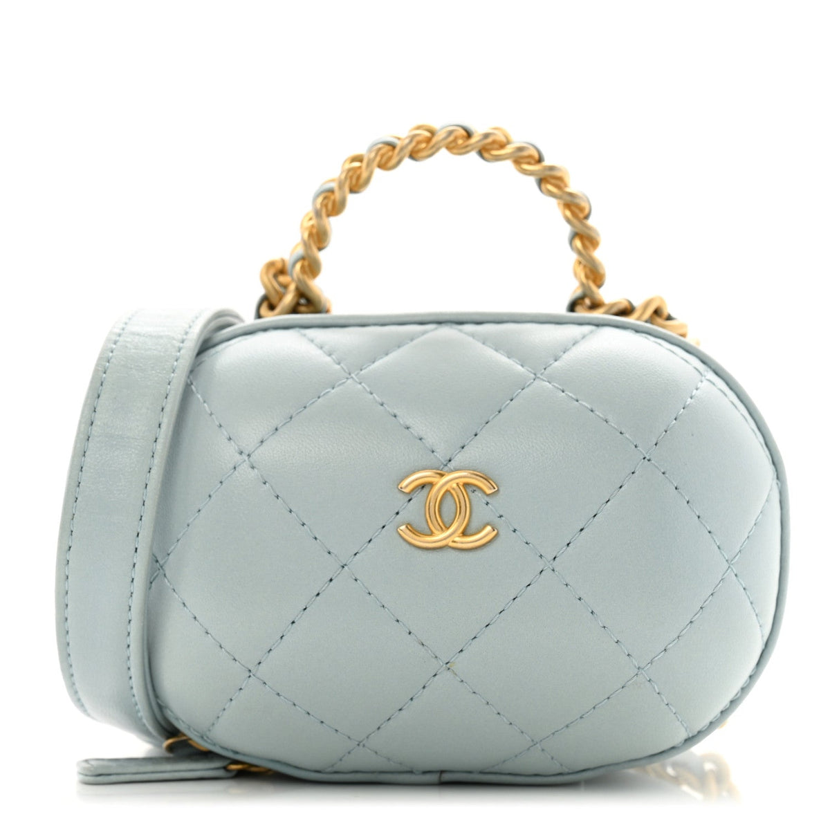 Lambskin Quilted CC Bubble Vanity Case With Chain Light Blue