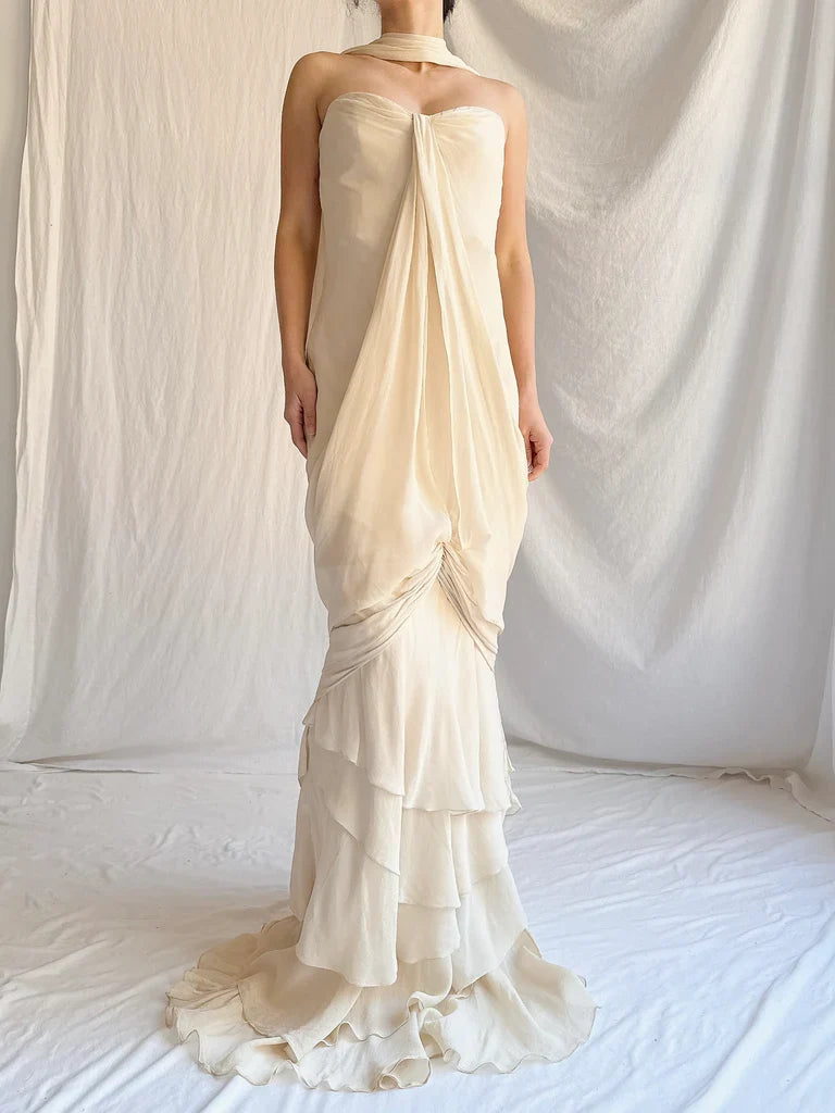 Vintage Apricot Draped Gown Featuring Strapless Neckline Dress with Scarf SH3628