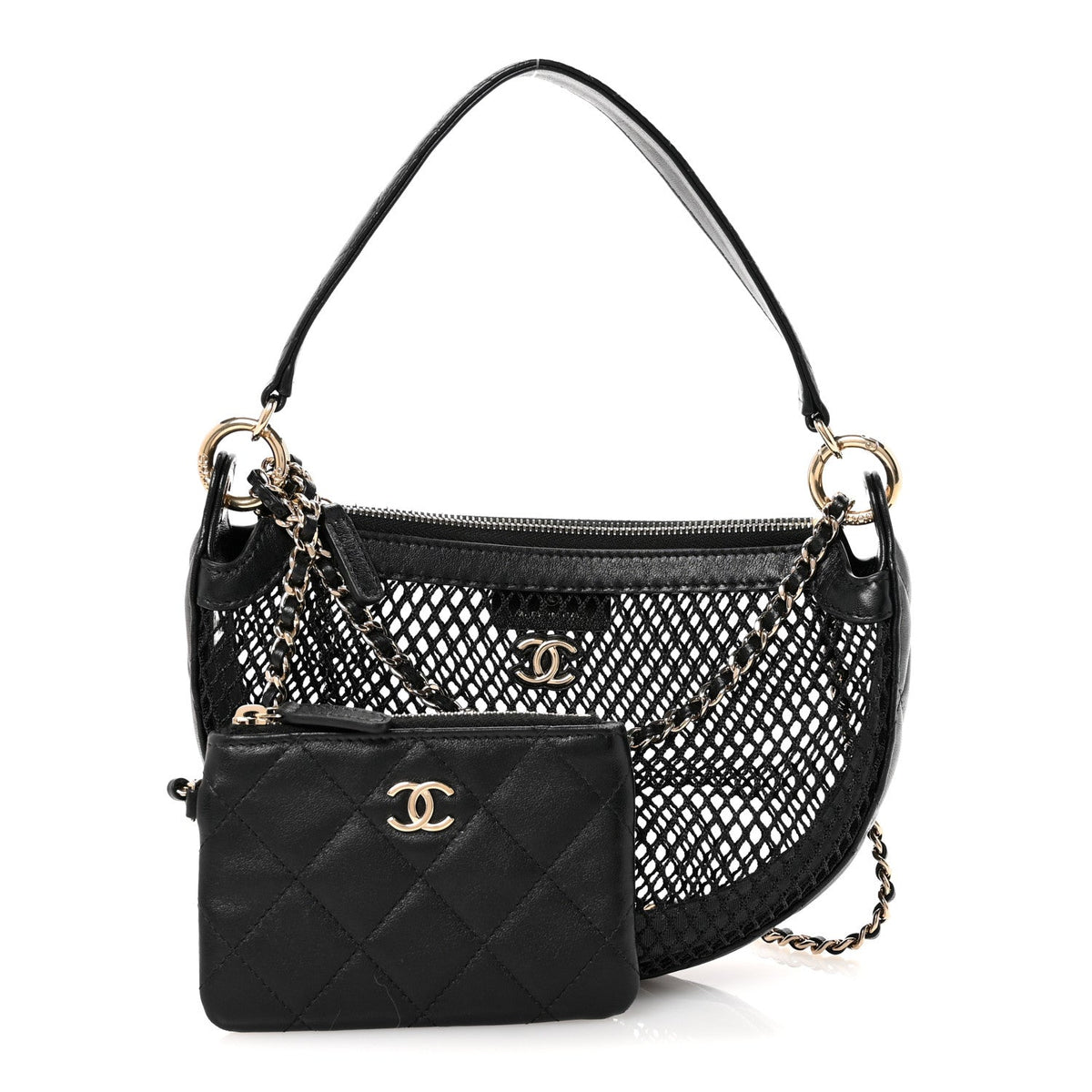 Mesh Shiny Lambskin Chain Hobo Black