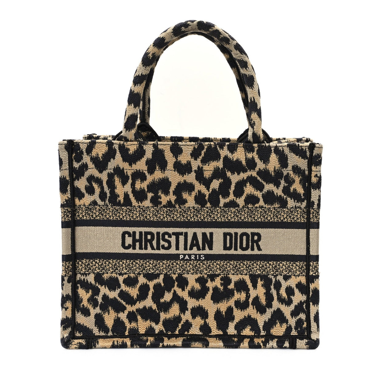 Canvas Mizza Embroidered Small Leopard Book Tote Beige