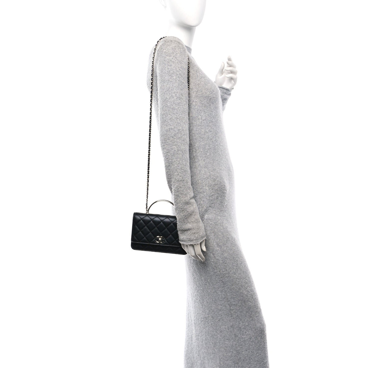 Lambskin Quilted Metal Top Handle Wallet On Chain WOC Black