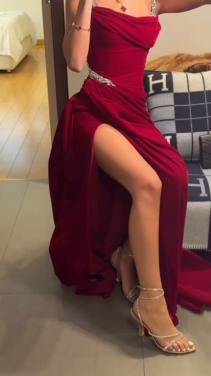 Wine Red Spaghetti Straps Sheath Long Evening Party Dress MD7367