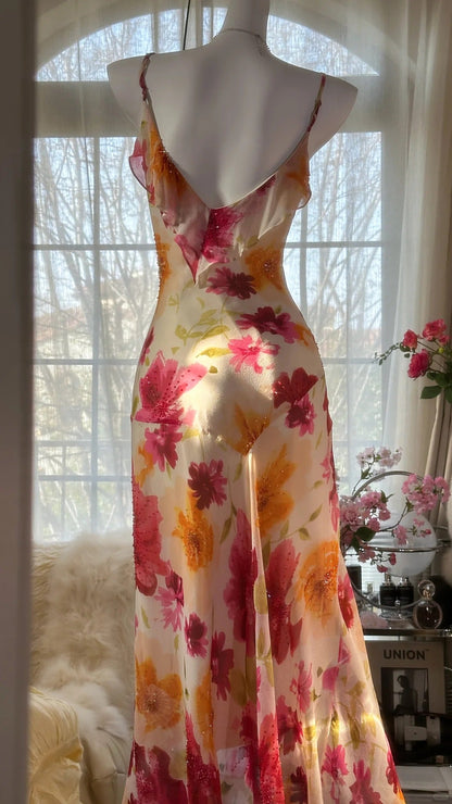 Vintage Floral A-line V-neck Spaghetti Strap Evening Dress Prom Dresses, D1432