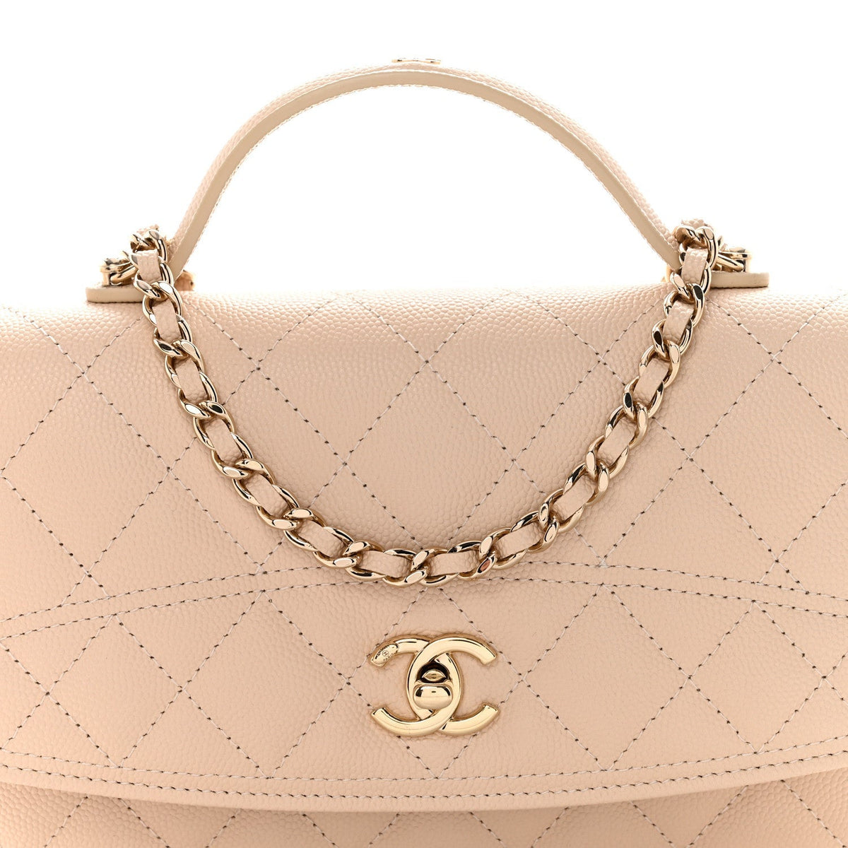 Caviar Quilted Trendy Handle Clutch With Chain Ecru