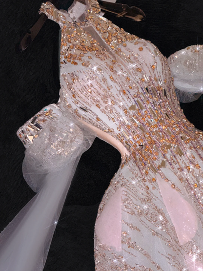 Gorgeous Shiny Pink Beaded Sequined Design A-Line Prom Dress Evening Dress D1690