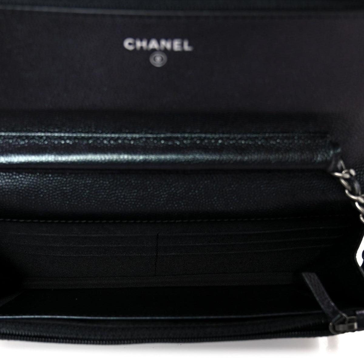 Iridescent Caviar Chevron Quilted Wallet On Chain WOC Black