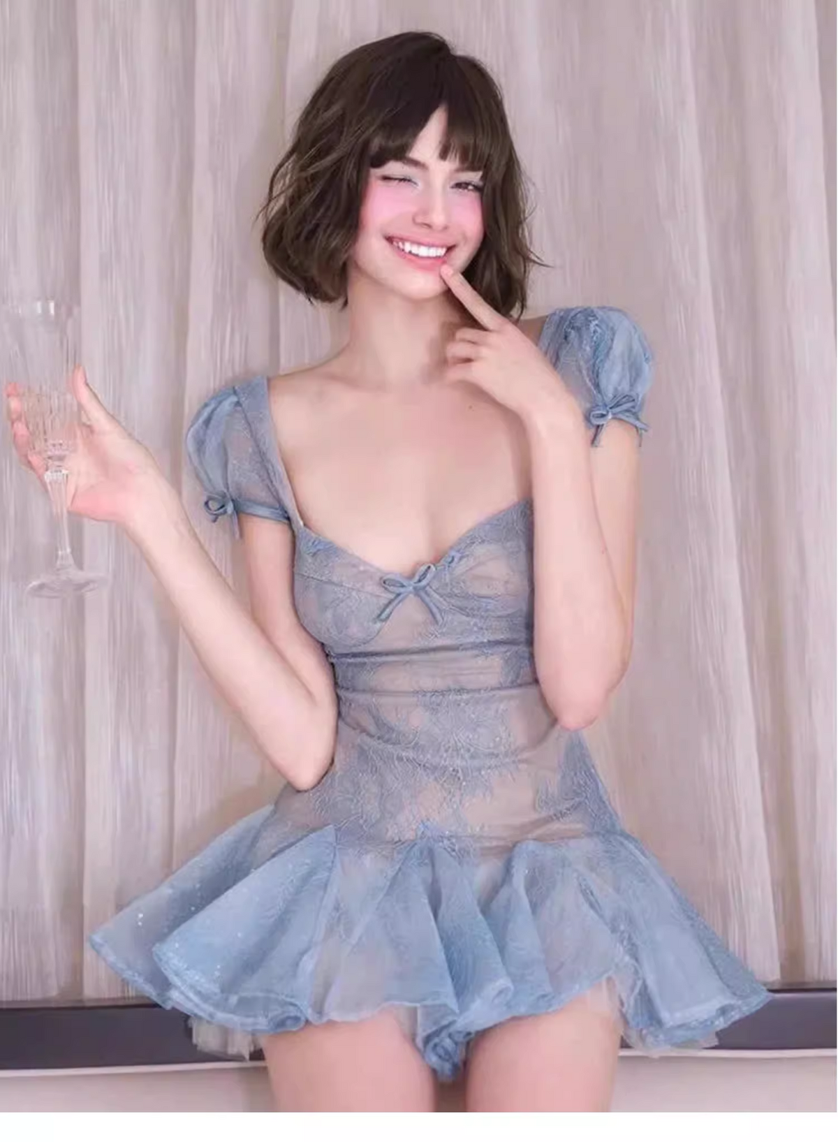 Fashion Light Blue Short-sleeved Design A-line Tulle Party Dress Homecoming Dress, D1394