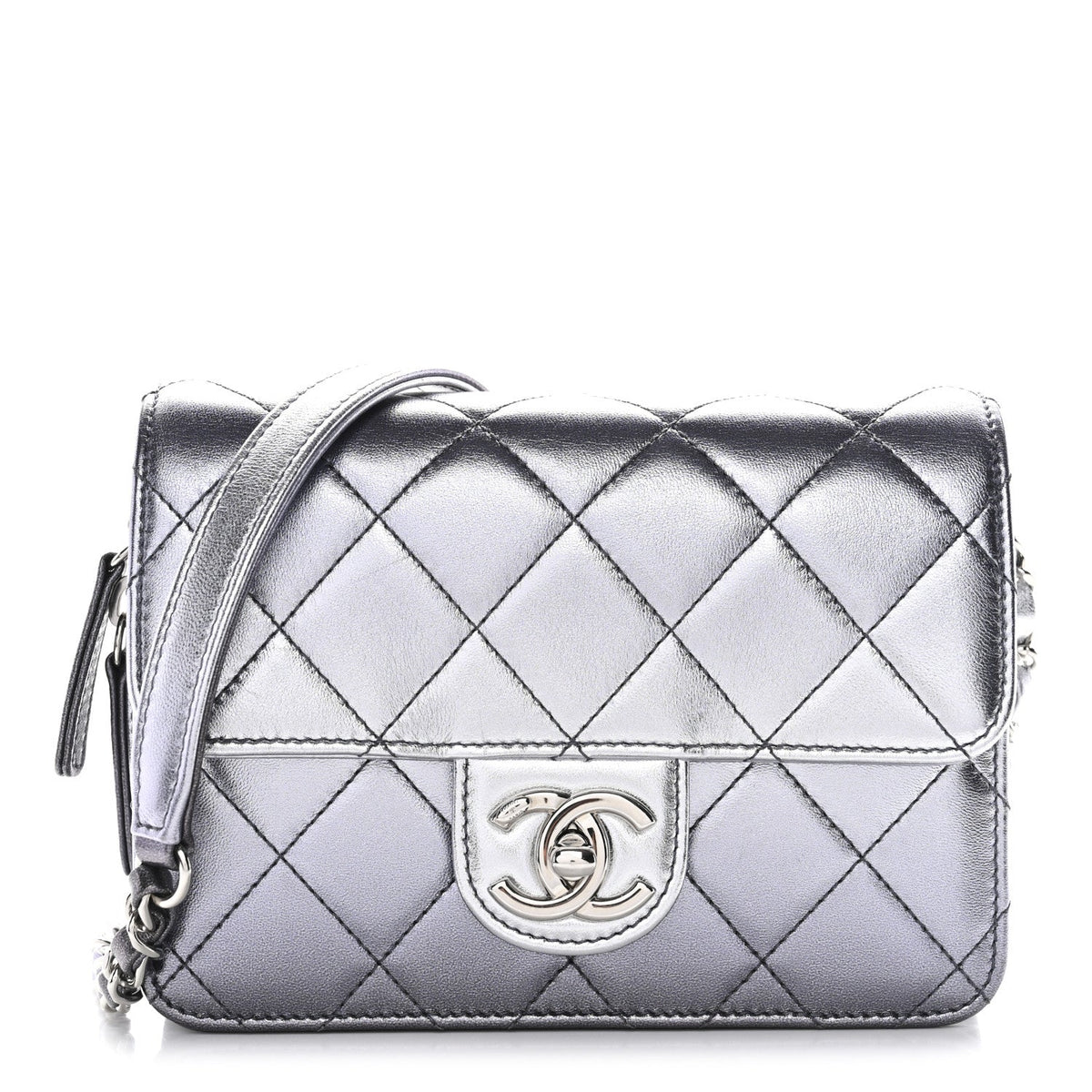 Metallic Lambskin Like A Wallet Flap Silvery Black