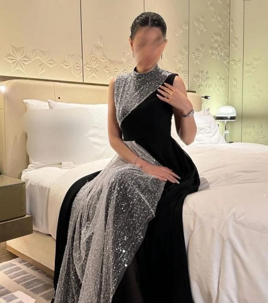 Black High Neck Sleeveless A-Line Long Formal Party Dress MD7488