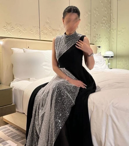 Black High Neck Sleeveless A-Line Long Formal Party Dress MD7488