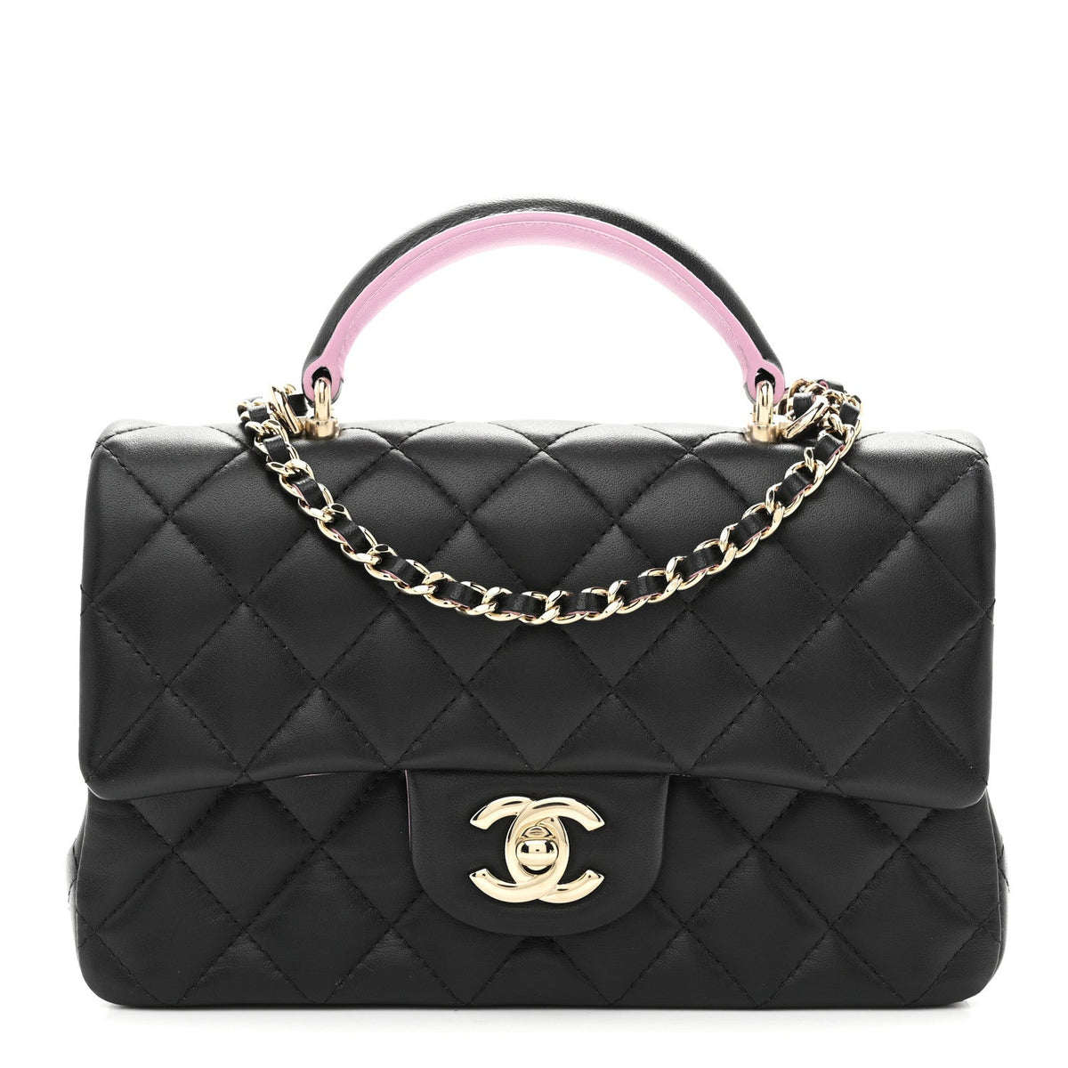 Lambskin Quilted Bi-Color Mini Top Handle Rectangular Flap Black Lilac