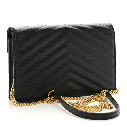 Grain De Poudre Matelasse Chevron Monogram Envelope Chain Wallet Black