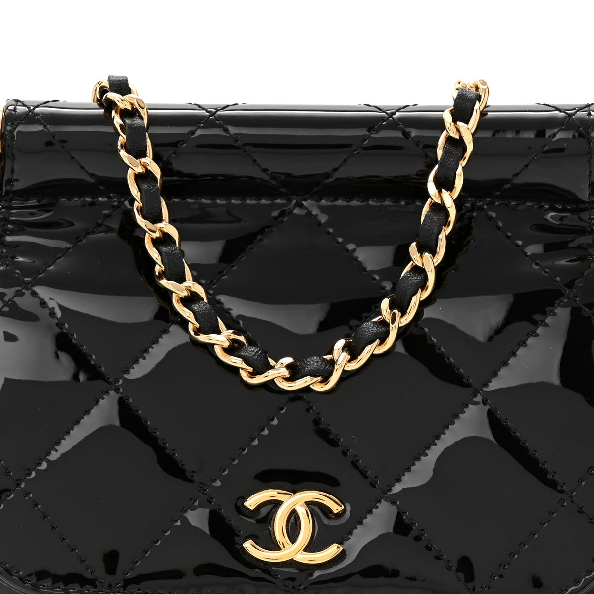 Patent Quilted Frame Clutch Flap With Chain Black