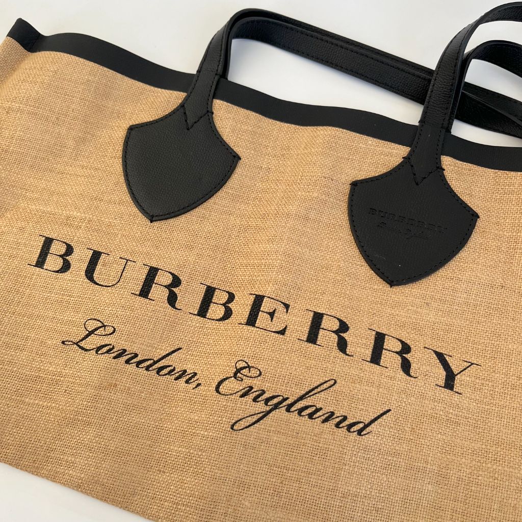 Burberry Raffia Logo Print Medium The Giant Reversible Tote Black