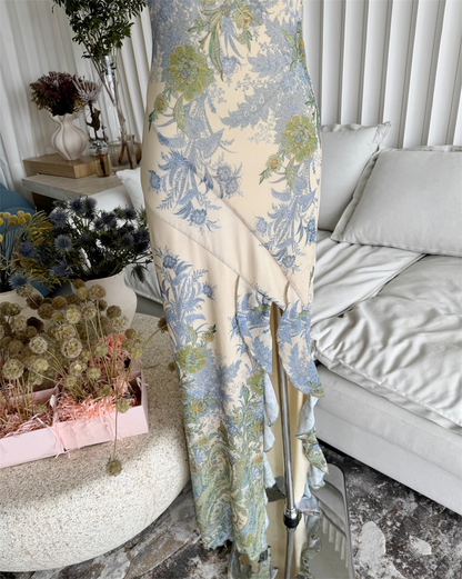 Sweet Strapless Floral Design Irregular Hem A-line Women Party Dress, D1400