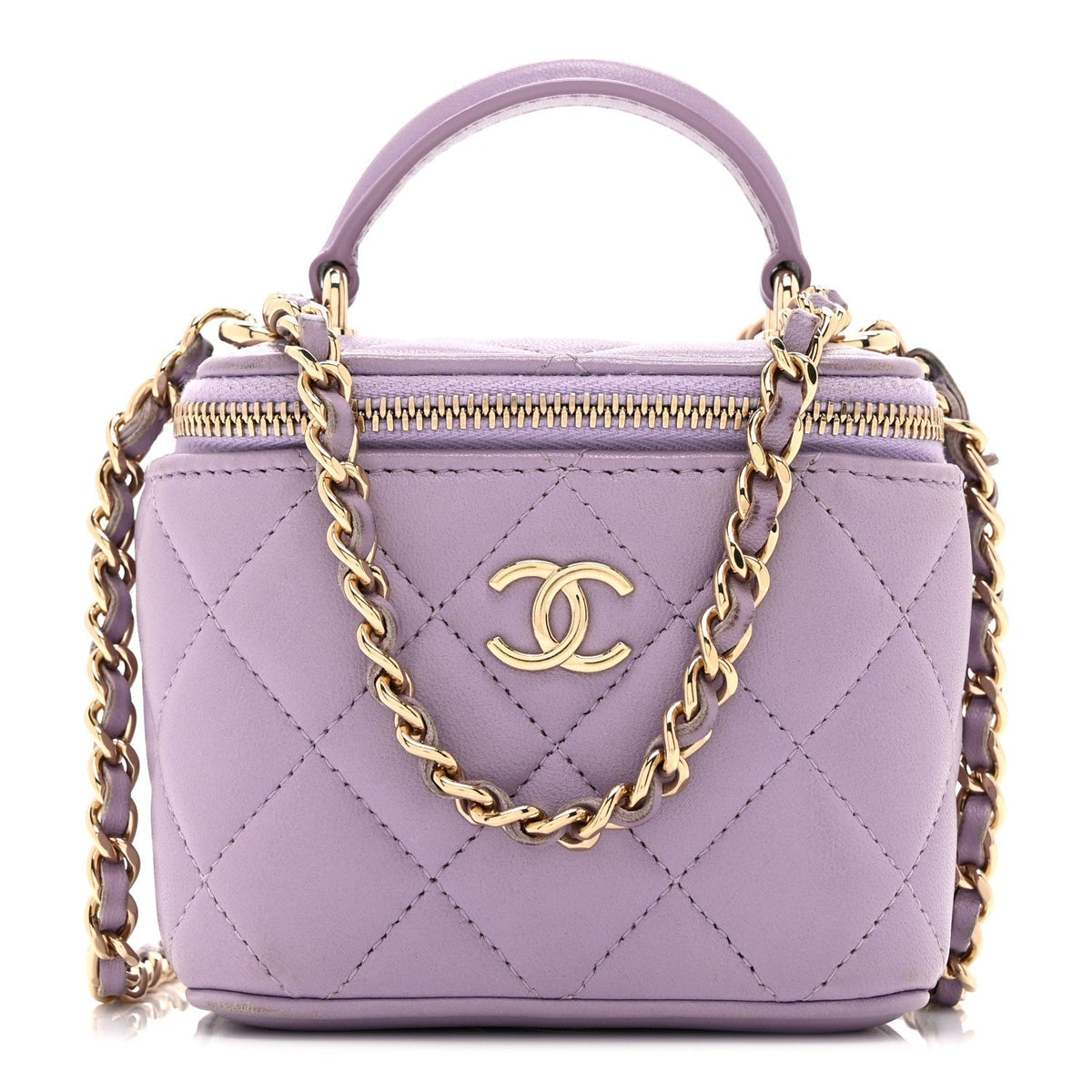 Lambskin Quilted Top Handle Mini Vanity Case With Chain Light Purple