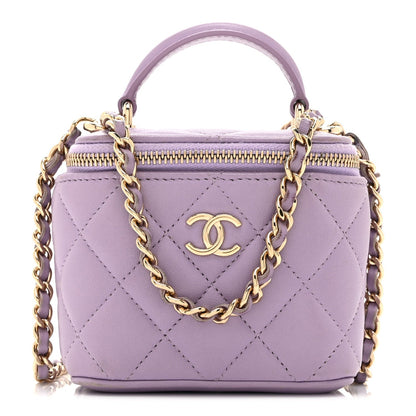 Lambskin Quilted Top Handle Mini Vanity Case With Chain Light Purple