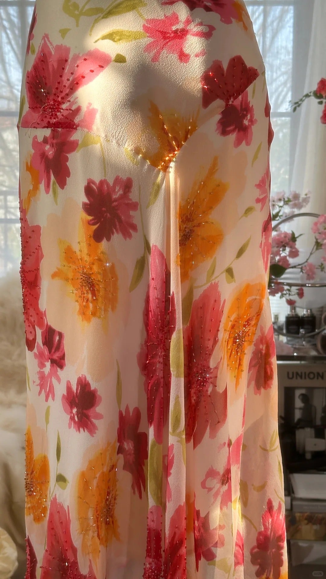 Vintage Floral A-line V-neck Spaghetti Strap Evening Dress Prom Dresses, D1432
