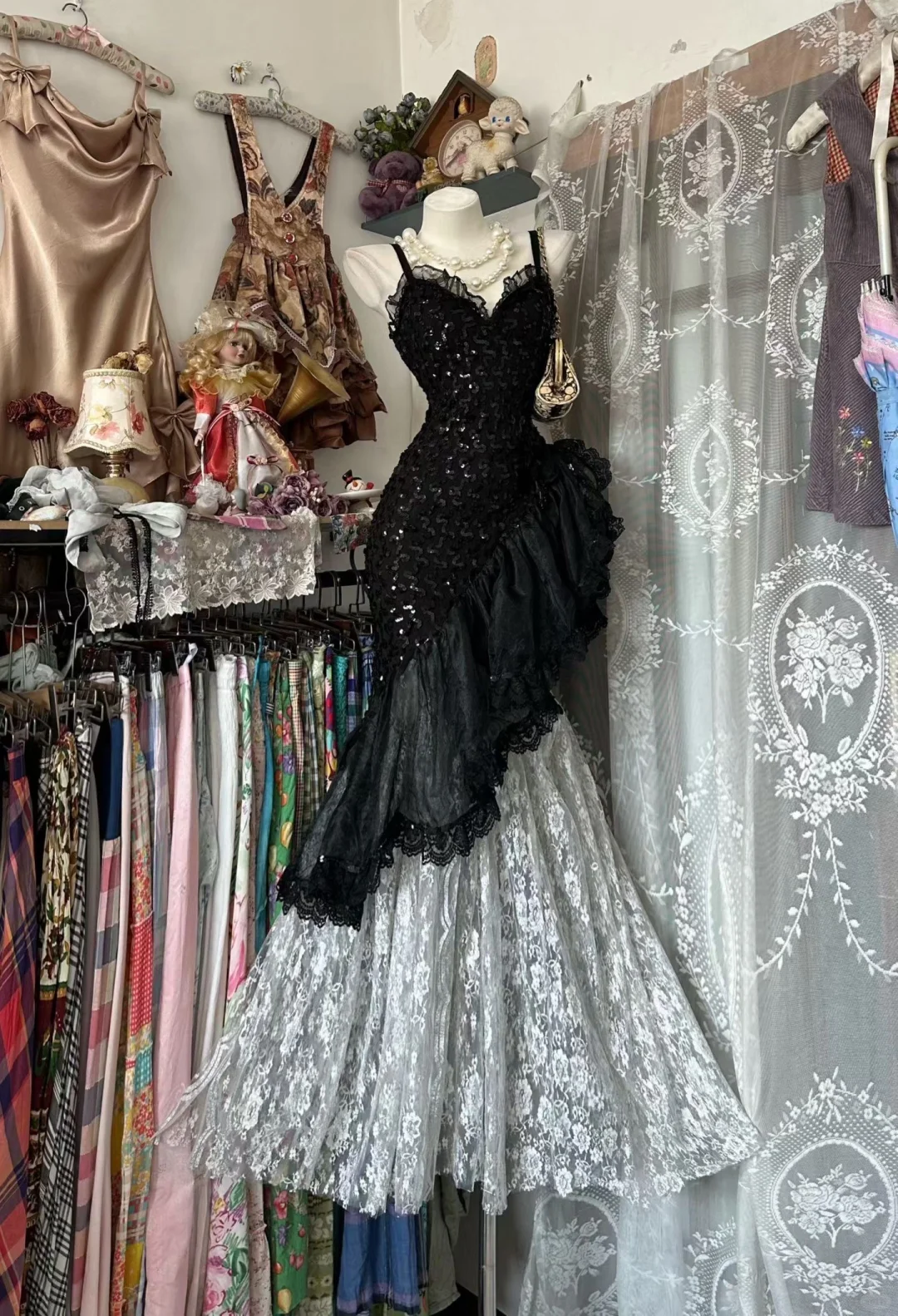 Vintage Dazzling Mermaid Black Sequin Lace Prom Dress Evening Party Dress SH5677