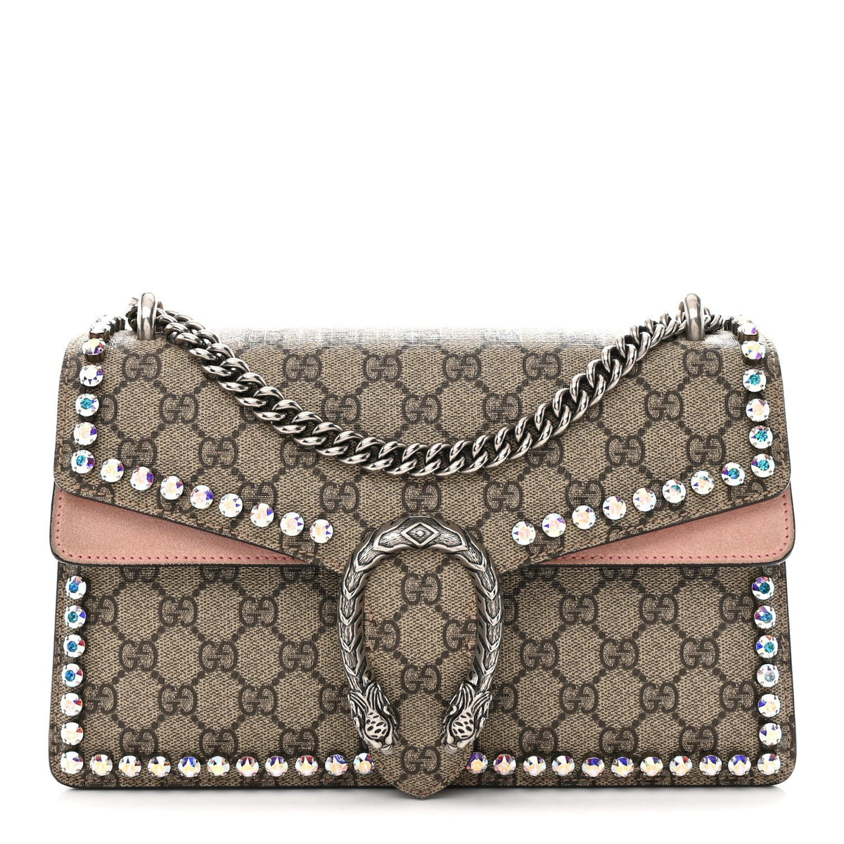 GG Supreme Monogram Suede Crystal Small Dionysus Shoulder Bag Beige Ebony Light Peonia